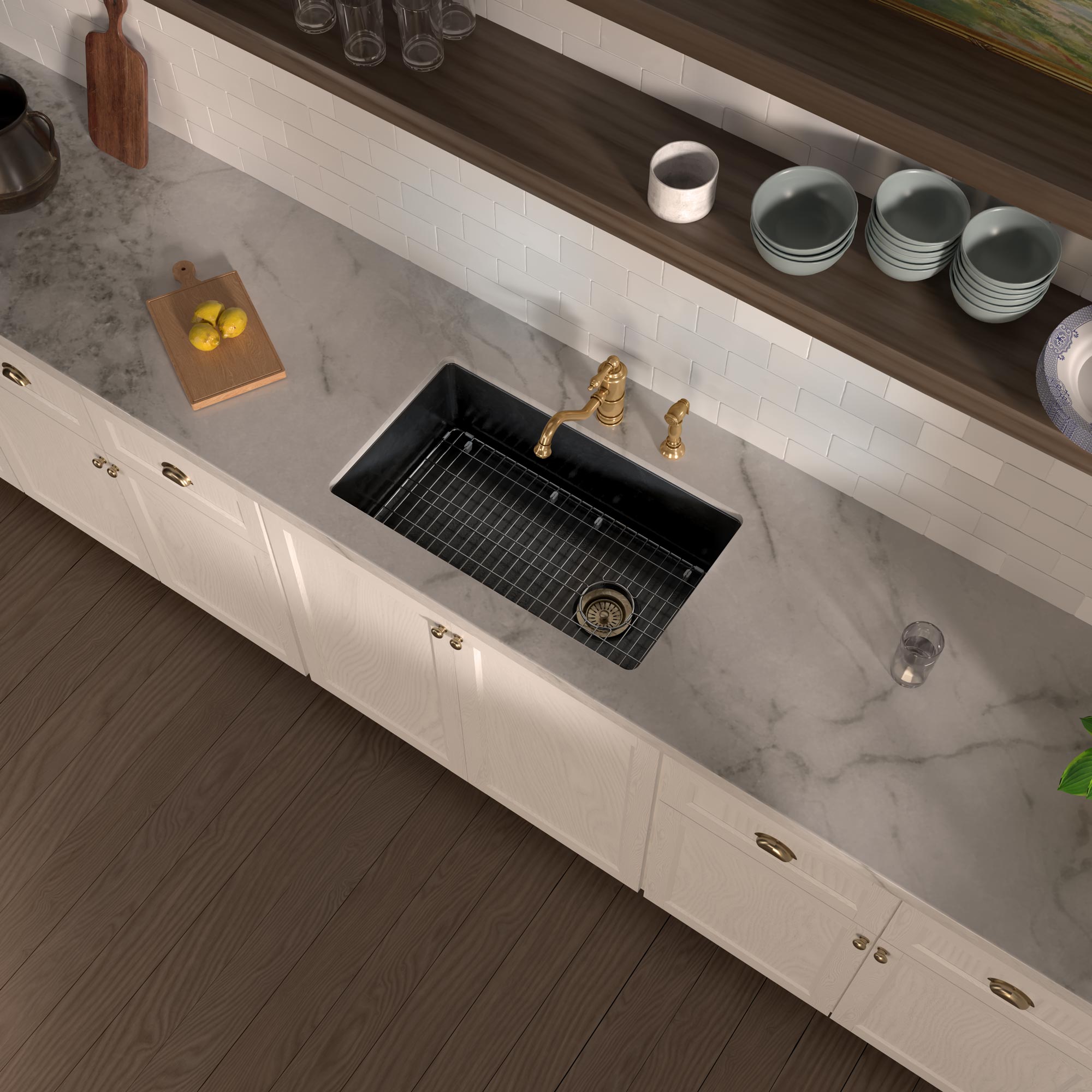 Undermount/drop-in single bowl fireclay kitchen sinks, stainless steel grid included