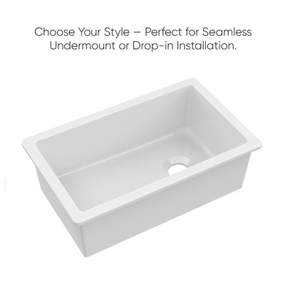 Undermount/drop-in single bowl fireclay kitchen sinks, stainless steel grid included