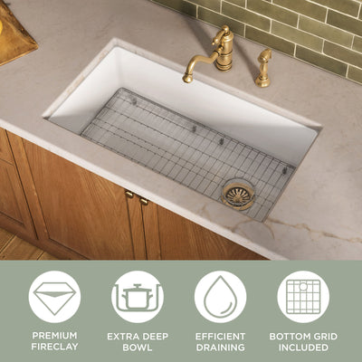 Undermount/drop-in single bowl fireclay kitchen sinks, stainless steel grid included