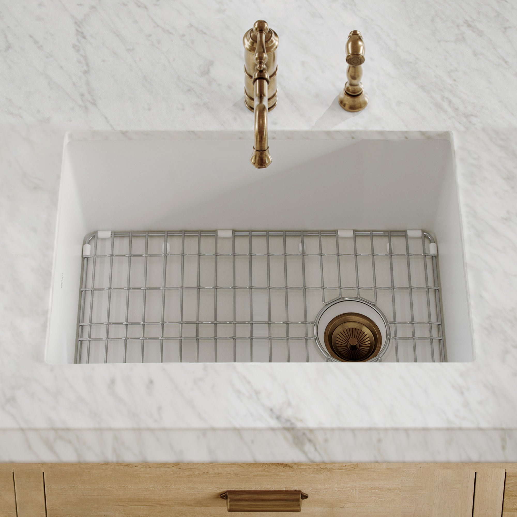 Undermount/drop-in single bowl fireclay kitchen sinks, stainless steel grid included