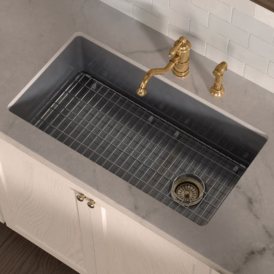 Undermount/drop-in single bowl fireclay kitchen sinks, stainless steel grid included