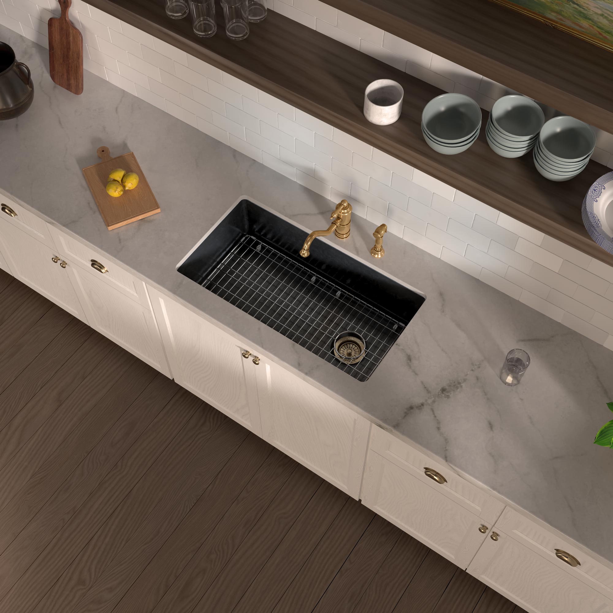 Undermount/drop-in single bowl fireclay kitchen sinks, stainless steel grid included