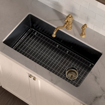 Undermount/drop-in single bowl fireclay kitchen sinks, stainless steel grid included