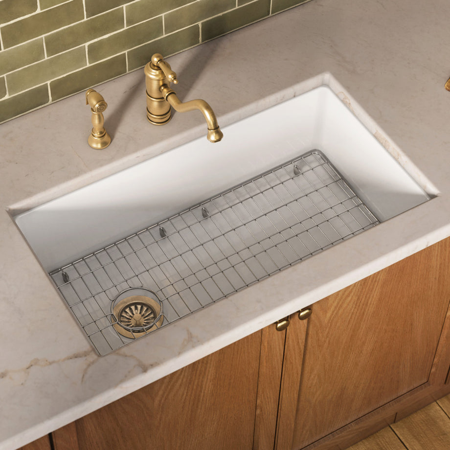 Undermount/drop-in single bowl fireclay kitchen sinks, stainless steel grid included
