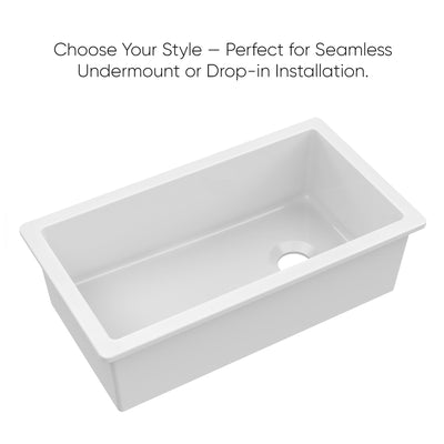 Undermount/drop-in single bowl fireclay kitchen sinks, stainless steel grid included