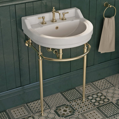 22" console sink with semi-circular bowl, solid brass leg supports and front towel bar