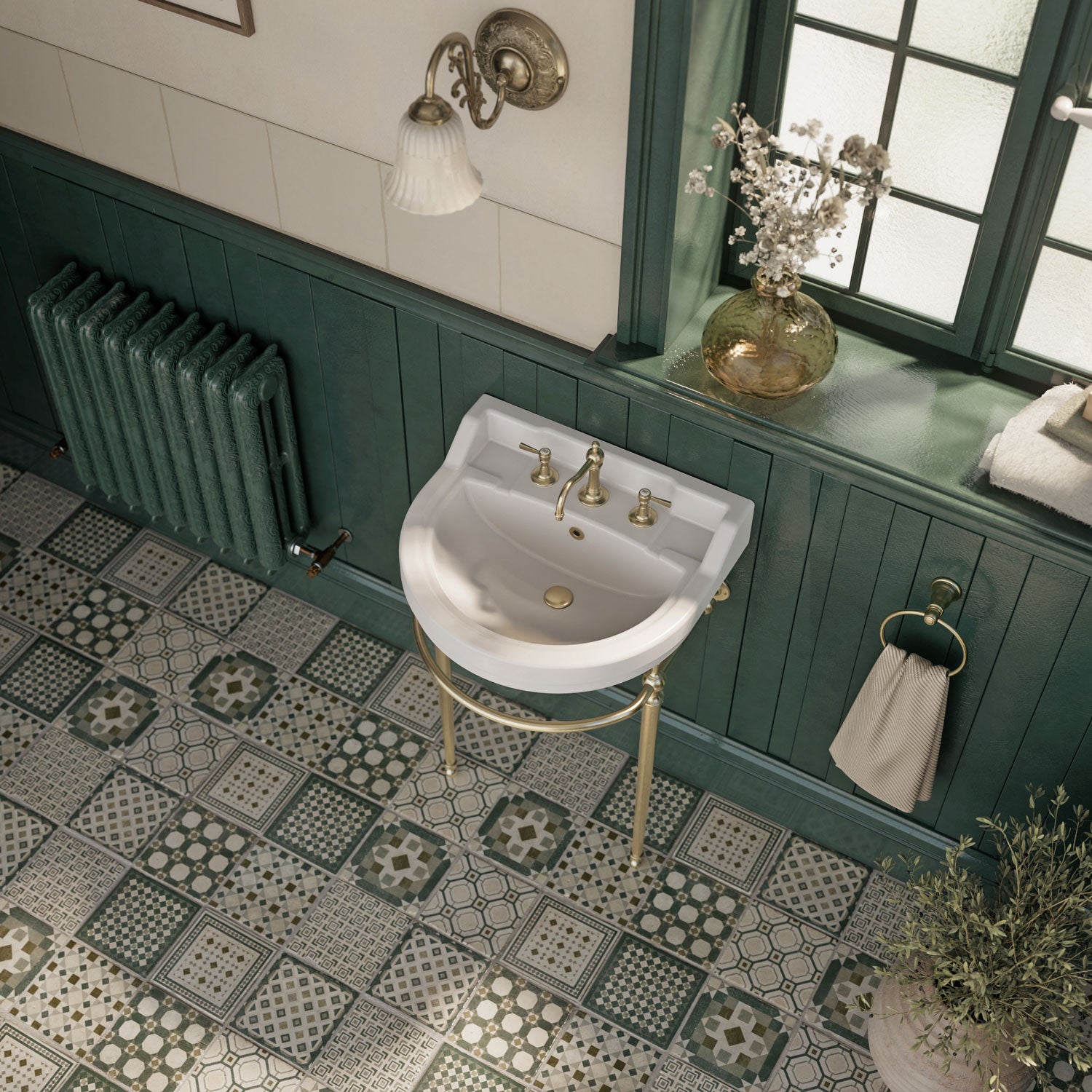 22" console sink with semi-circular bowl, solid brass leg supports and front towel bar