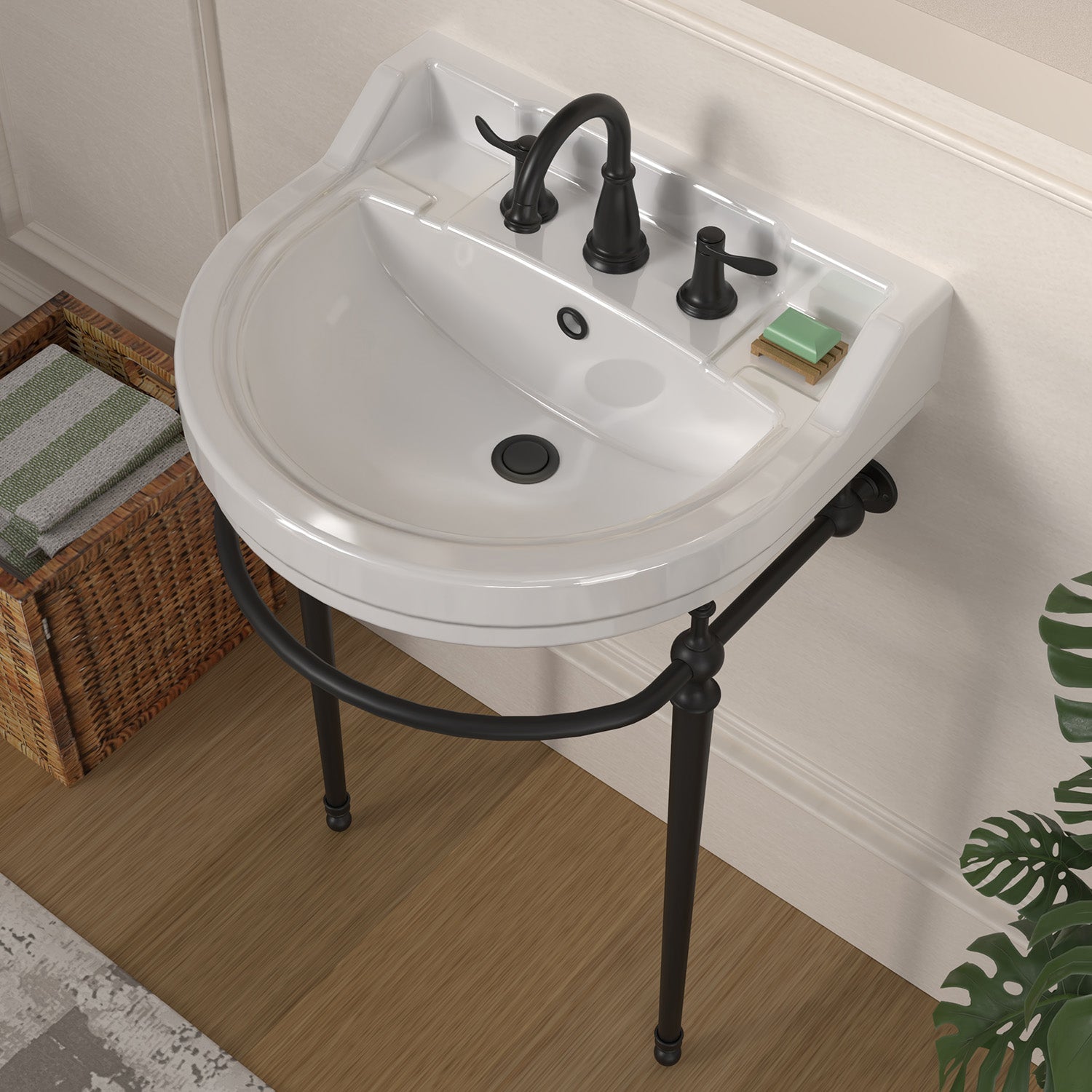 22" Console Sink With Semi-Circular Bowl, Solid Brass Leg Supports and Front Towel Bar