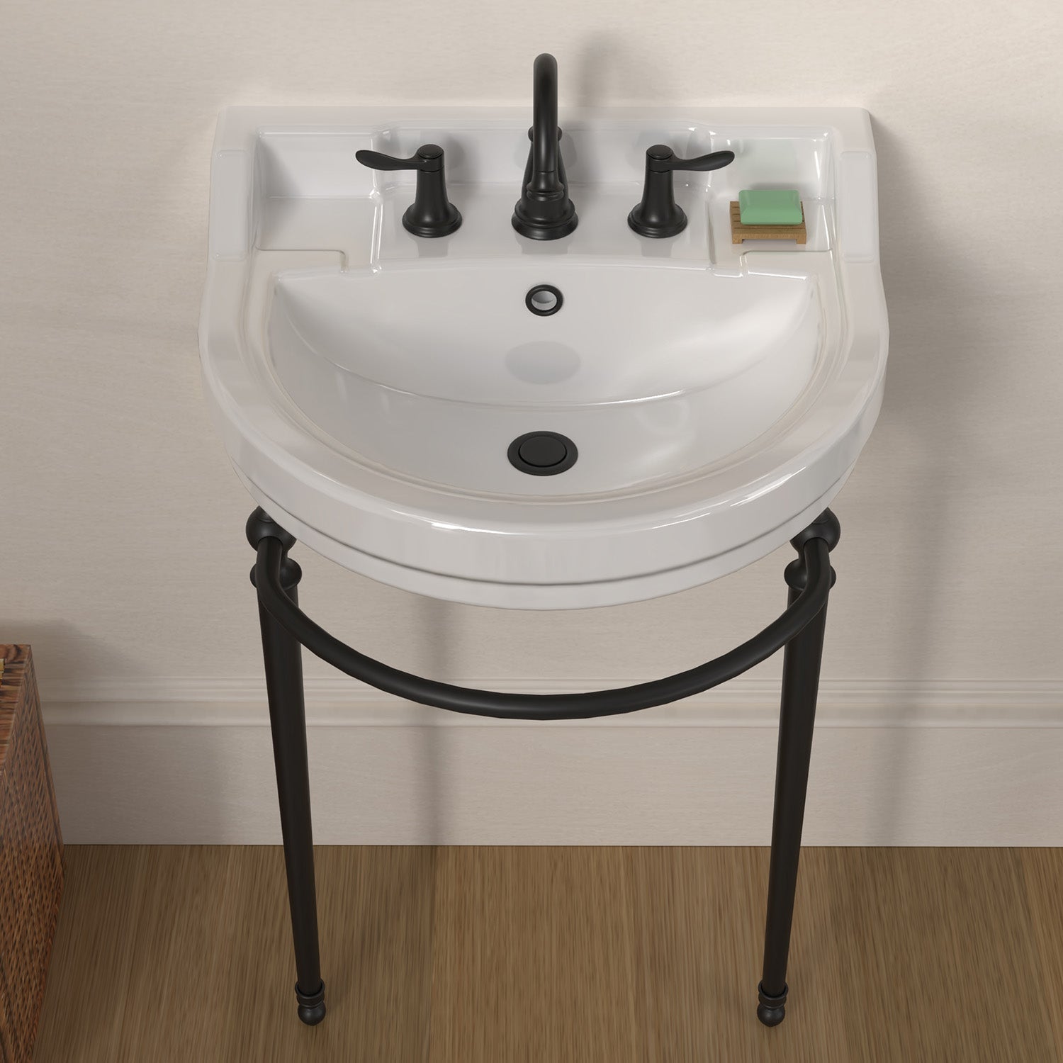 22" Console Sink With Semi-Circular Bowl, Solid Brass Leg Supports and Front Towel Bar