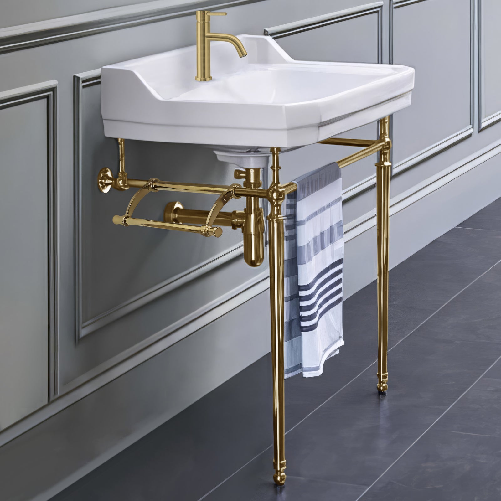 24" console sink with integrated rectangular bowl, Solid Brass leg supports and side towel bar
