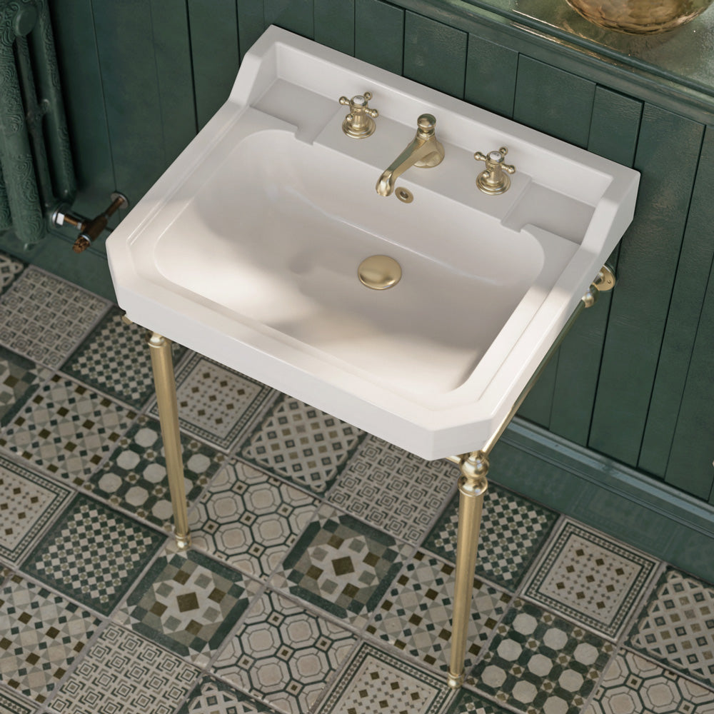 24" console sink with integrated rectangular bowl, Solid Brass leg supports and side towel bar