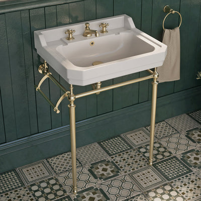 24" console sink with integrated rectangular bowl, Solid Brass leg supports and side towel bar