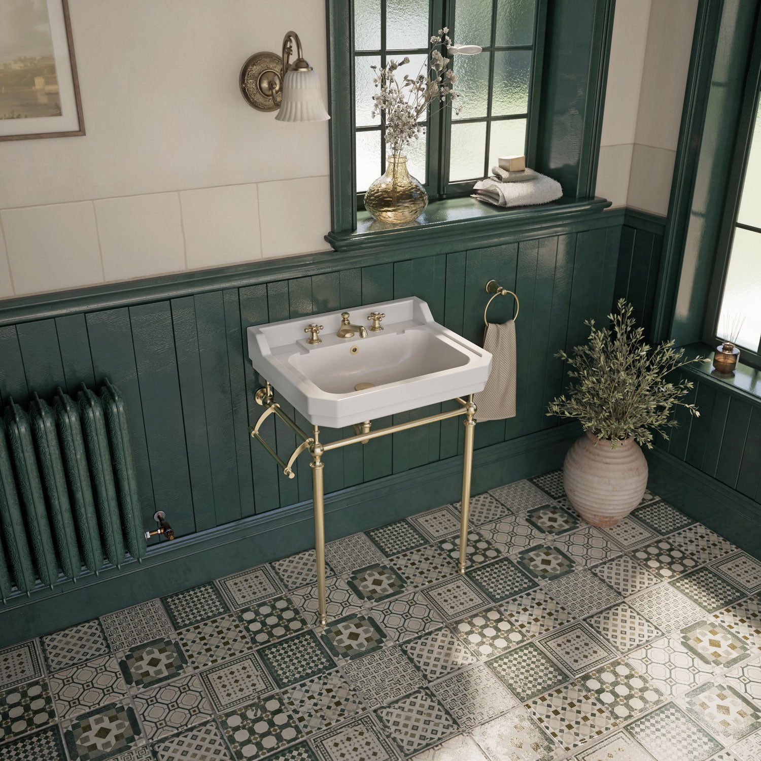 24" console sink with integrated rectangular bowl, Solid Brass leg supports and side towel bar