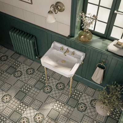 24" console sink with integrated rectangular bowl, Solid Brass leg supports and side towel bar