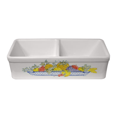 32" Double bowl hand-painted fireclay kitchen sink