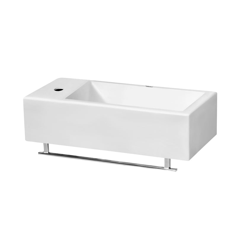 19" Small Wall Mount Basin with Left Faucet Drilling, Chrome Towel Bar and Center Drain Location