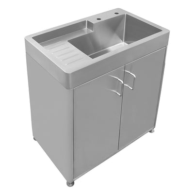 Pearlhaus Brushed Stainless Steel Double Door, Freestanding Cabinet with Sink