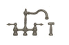 Englishhaus bridge faucet with long traditional swivel spout, solid lever handles and solid brass side spray