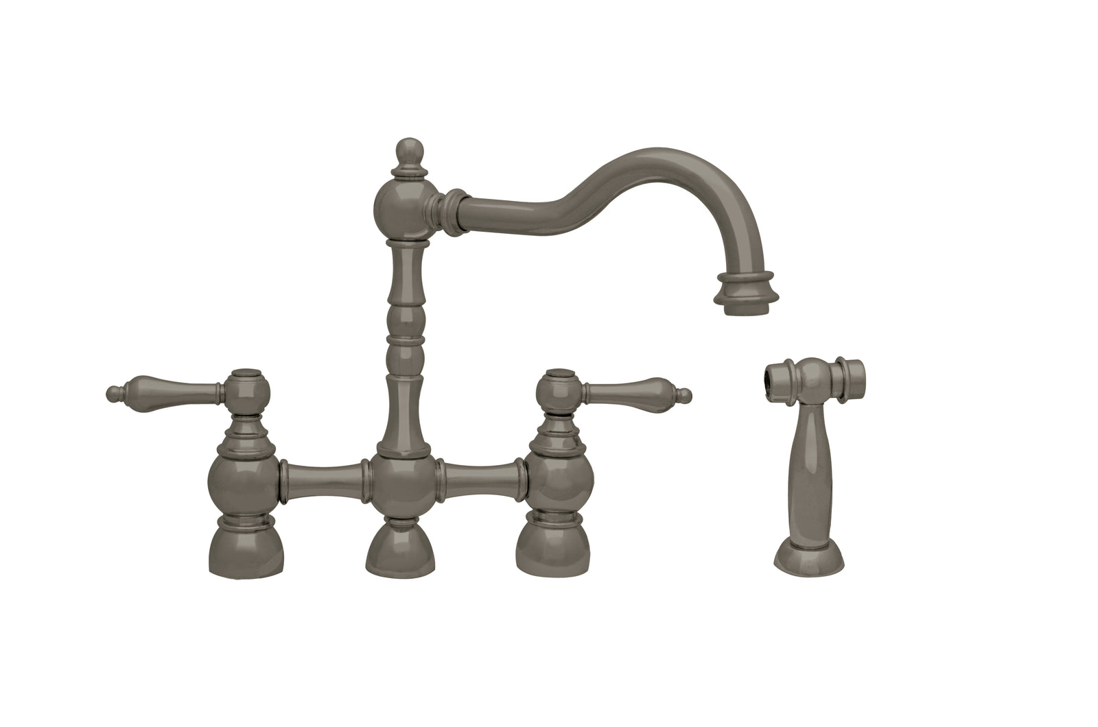 Englishhaus bridge faucet with long traditional swivel spout, solid lever handles and solid brass side spray