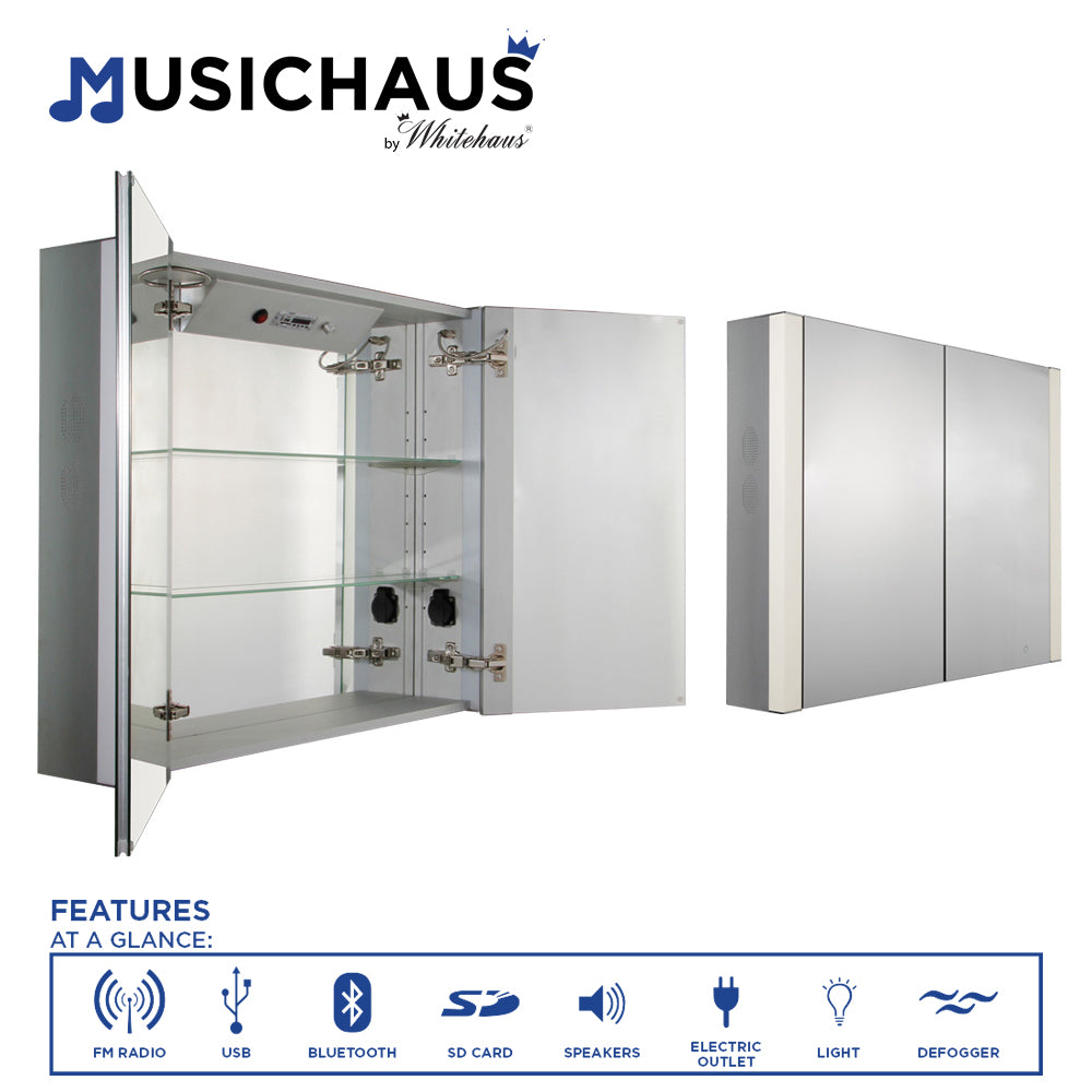 Musichaus Double Mirrored Door Medicine Cabinet with USB, SD Card, Bluetooth, FM radio, Speakers, Defogger, & Dimmer