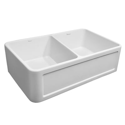 Reversible Series 33" double bowl fireclay kitchen sink with a concave front apron