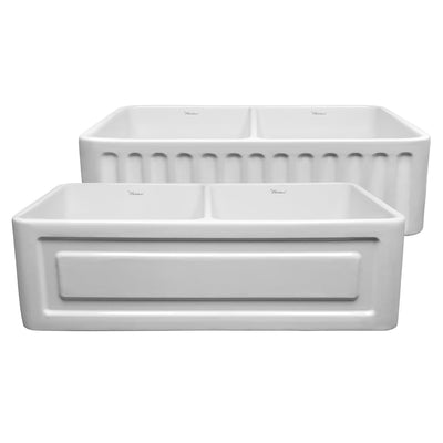 Reversible Series 33" double bowl fireclay kitchen sink with a raised panel front apron