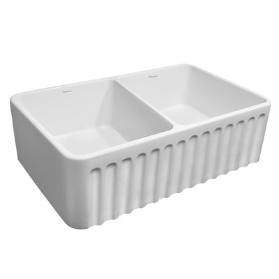 Reversible Series 33" double bowl fireclay kitchen sink with a raised panel front apron