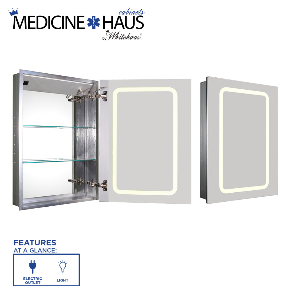 Medicinehaus Recessed Single Mirrored Door Medicine Cabinet with Outlet and LED Power Dimmer for Light