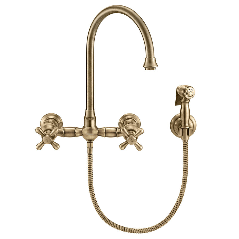Wall Mount Faucet with a  Long Gooseneck Swivel Spout, Cross Handles and Solid Brass Side Spray