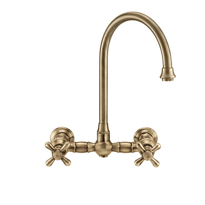 Vintage III Plus Wall Mount Faucet with a  Long Gooseneck Swivel Spout, Cross Handles and Solid Brass Side Spray