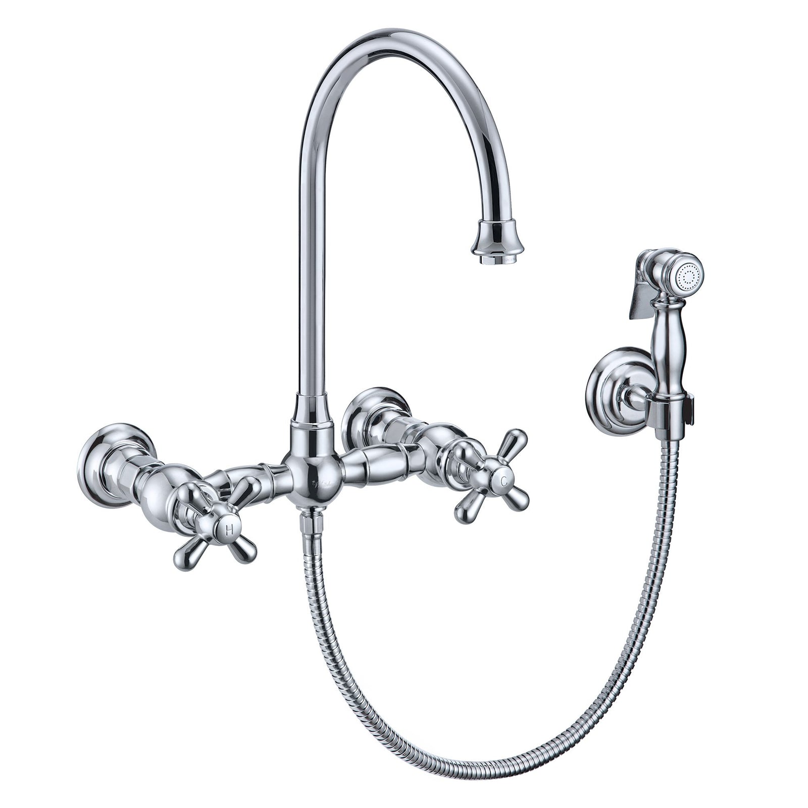 Wall Mount Faucet with a  Long Gooseneck Swivel Spout, Cross Handles and Solid Brass Side Spray