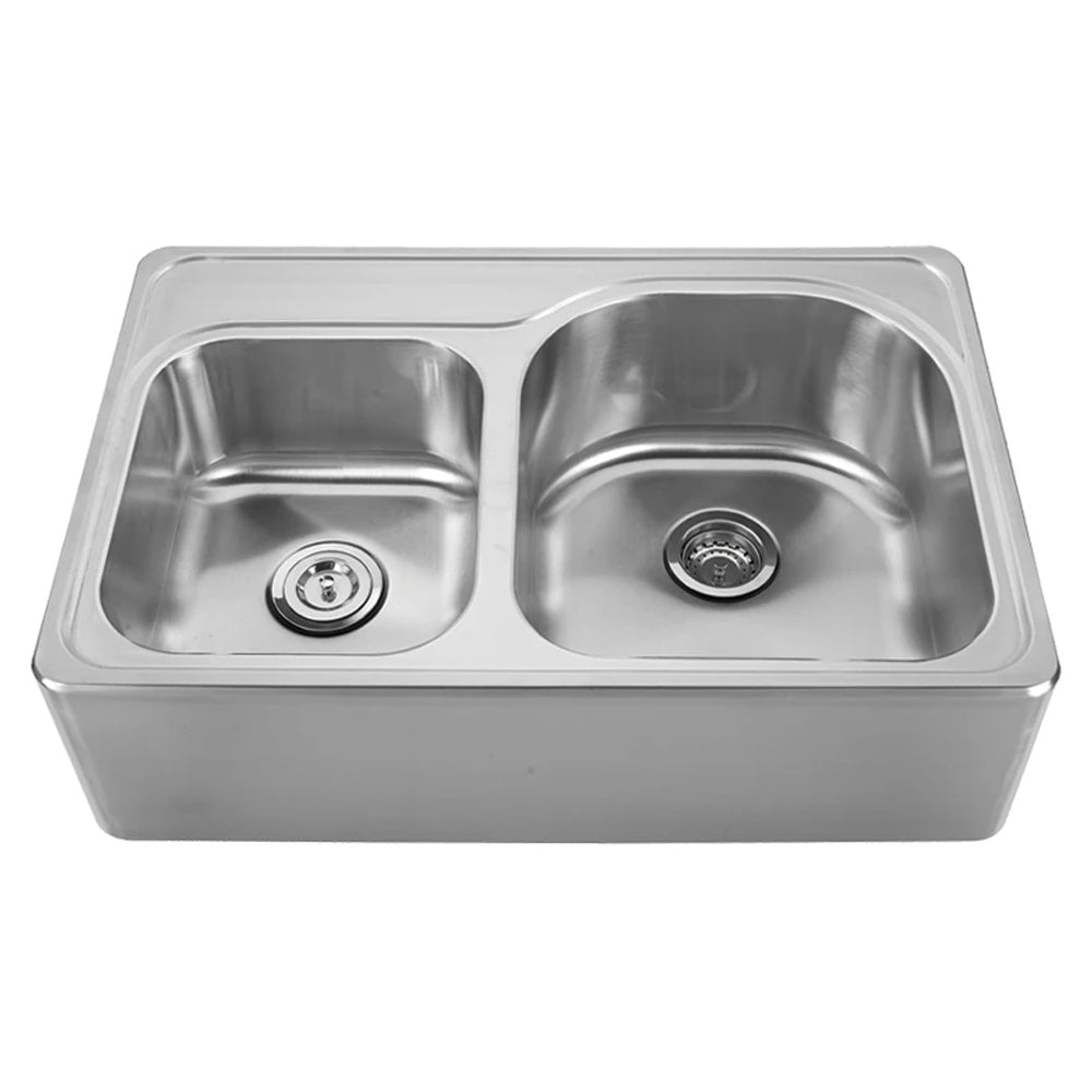 Noah's Collection 33" Brushed Stainless Steel Double Bowl Drop-in Sink with a Seamless Customized Front Apron