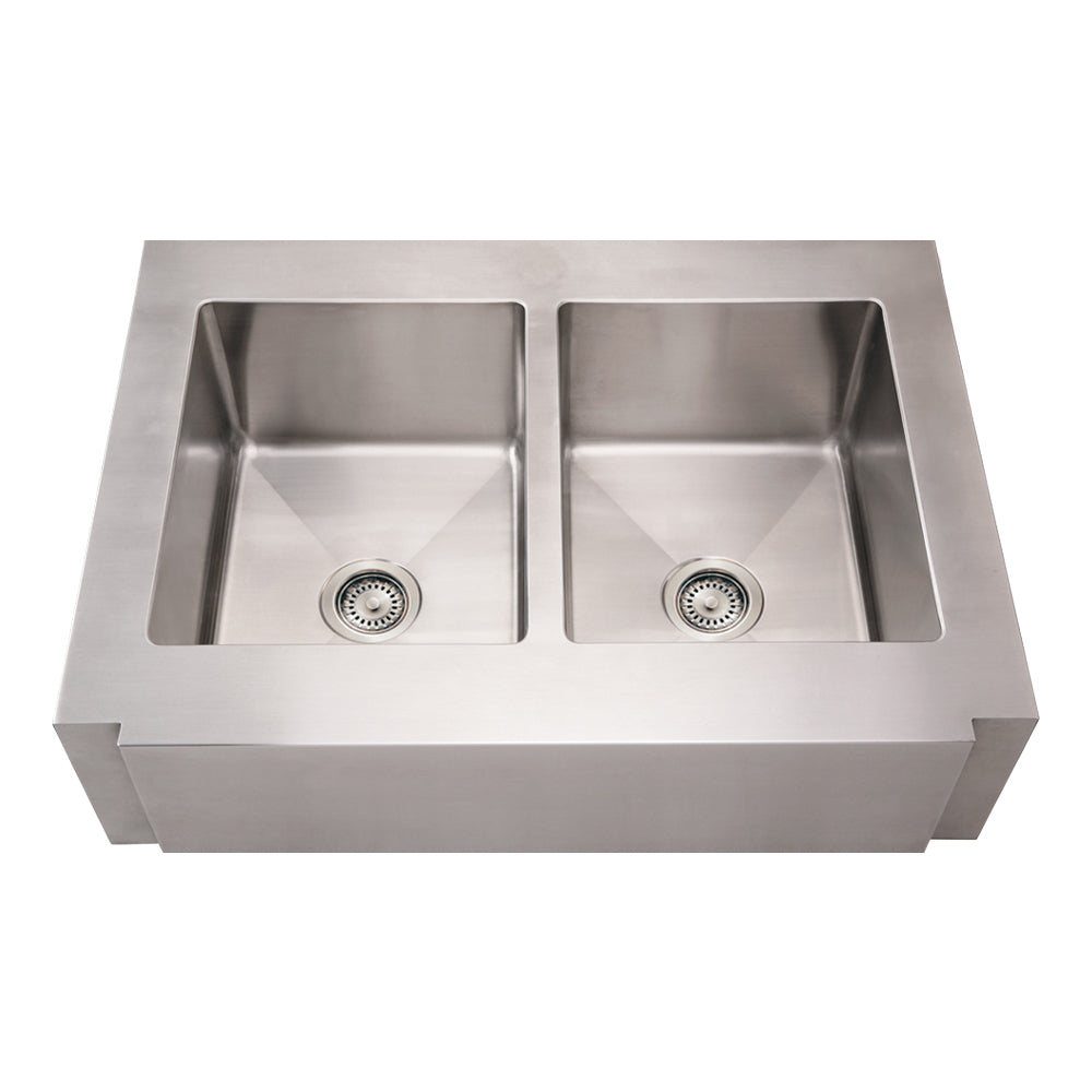 36" Noah's Collection Brushed stainless steel commercial double bowl sink with a decorative notched front apron