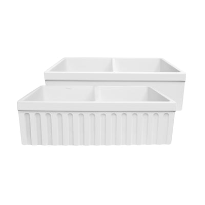 Quatro Alcove 33" reversible Farmhaus Fireclay Double Bowl Sink with a Fluted Front Apron and 2" Lip