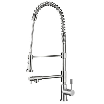 Lead Free, Solid Stainless Steel Commerical Faucet with Flexible Pull Down Spray Head, Swivel Support Bar & Two Control Levers