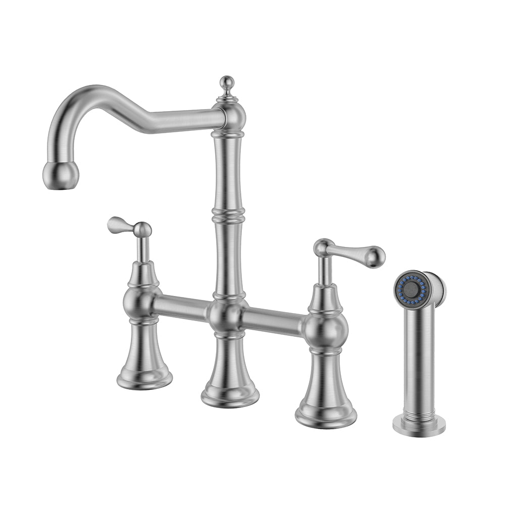 Lead-Free Solid Stainless Steel Bridge Faucet with a Traditional Spout, Lever Handles and Side Spray