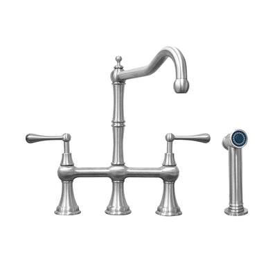 Lead-Free Solid Stainless Steel Bridge Faucet with a Traditional Spout, Lever Handles and Side Spray