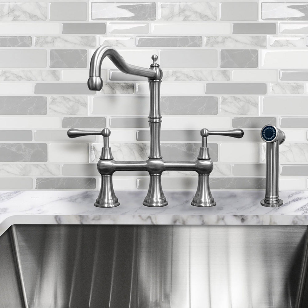 Lead-Free Solid Stainless Steel Bridge Faucet with a Traditional Spout, Lever Handles and Side Spray