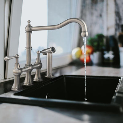 Lead-Free Solid Stainless Steel Bridge Faucet with a Traditional Spout, Lever Handles and Side Spray