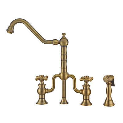 Twisthaus Plus Bridge Faucet with Long Traditional Swivel Spout, Cross Handles and Solid Brass Side Spray